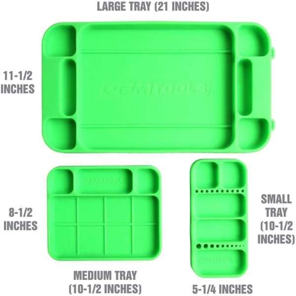 OEMTOOLS 22417 Flexi-Tray, 3 Piece Set, Includes Small, Medium, and Large Rubber Tool Mat Trays, Heat and Oil Resistant Silicone, Round-Bottom Compartments