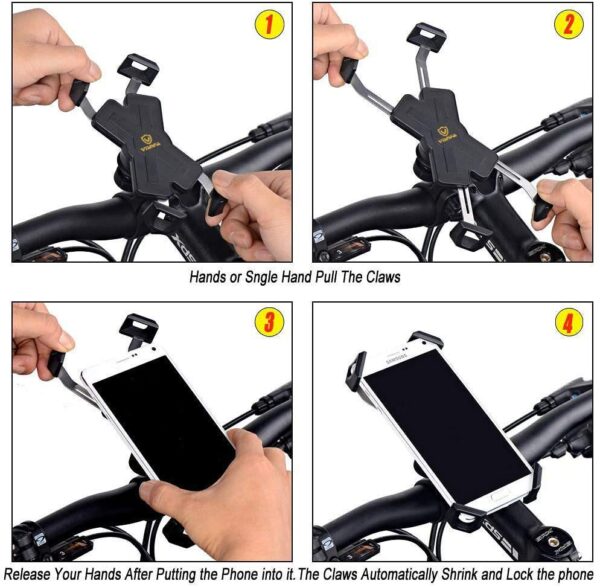 visnfa New Bike Phone Mount with Stainless Steel Clamp Arms Anti Shake and Stable 360° Rotation Bike Accessories/Bike Phone Holder for Any Smartphones GPS Other Devices Between 4 and 7 inches