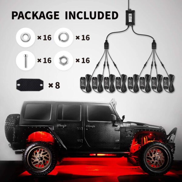 GoodRun Rock Lights 8 Pods RGB underglow LED kit with Bluetooth Controller, RGB Remote controll & Timing Function & Music Mode for Underglow Off Road Jeep Truck SUV UTV Boat as Chassis Lights, Deck L