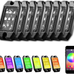 GoodRun Rock Lights 8 Pods RGB underglow LED kit with Bluetooth Controller, RGB Remote controll & Timing Function & Music Mode for Underglow Off Road Jeep Truck SUV UTV Boat as Chassis Lights, Deck L