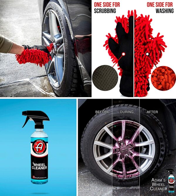 Adam's Essential Wheel & Tire Kit - Essential Car Wash Cleaning Supplies - Wheel Cleaner, Rubber Cleaner, Tire Shine, Foam Block Applicator, Scrubbing Brush & Dual 5 Finger Chenille Glove Mitt