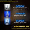 Mega Racer H11/H8/H9/H16 LED Headlight Bulbs, 3 Colors Changing Lights (6000K Diamond White, 8000K Ice Blue, 10000K Dark Blue) for High Beam, Low Beam, or Fog Light, 50W 8000 Lumen COB IP68, Pack of 2